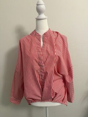 Red & White Striped V-Neck Women's Blouse